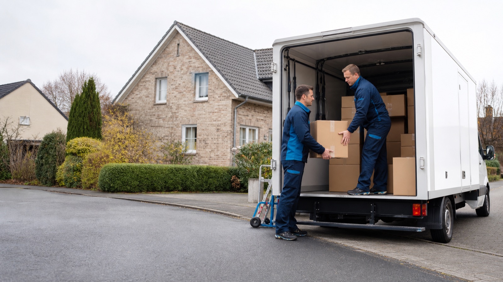 Professionelles Entrümpelungsteam mit Transporter vor einem Wohnhaus